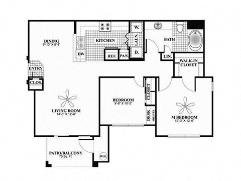 Floor plan for 2 beds, 1 bath, 970 sqft